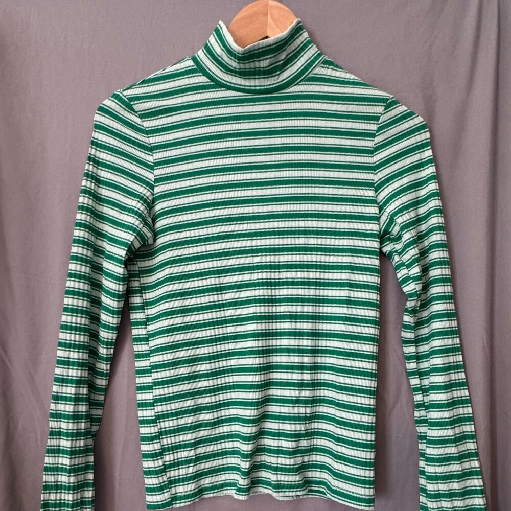 PINK Victoria’s Secret Green & White Striped Turtleneck Long Sleeve Top